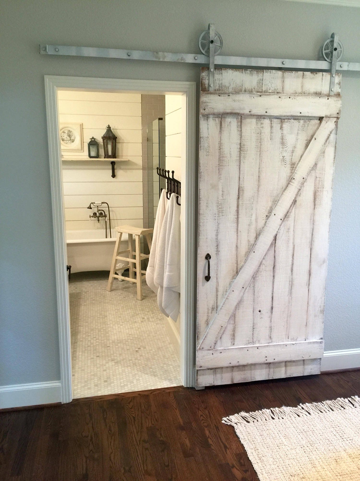Shabby Chic Z-Design Sliding Barn Door, White Distressed Wood