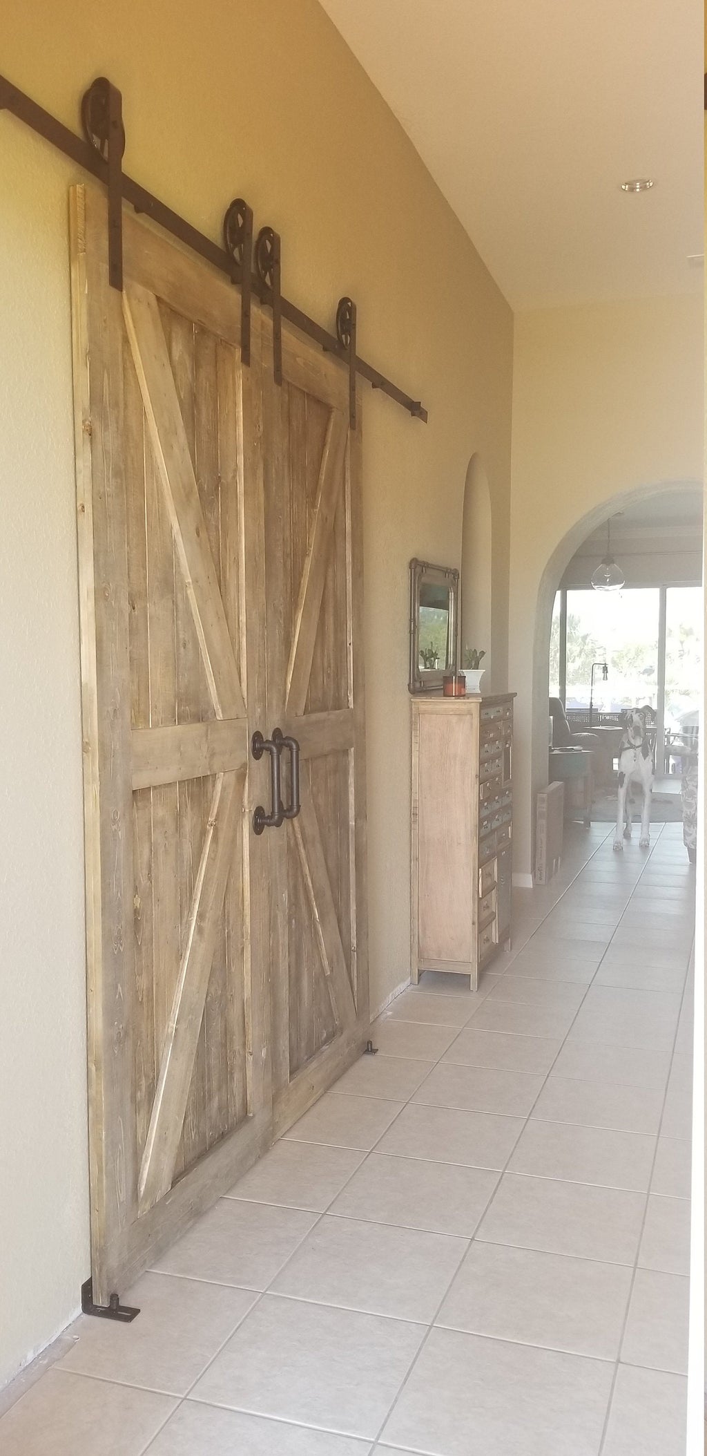 Custom British Brace Sliding Barn Door, Weathered Wood Finish