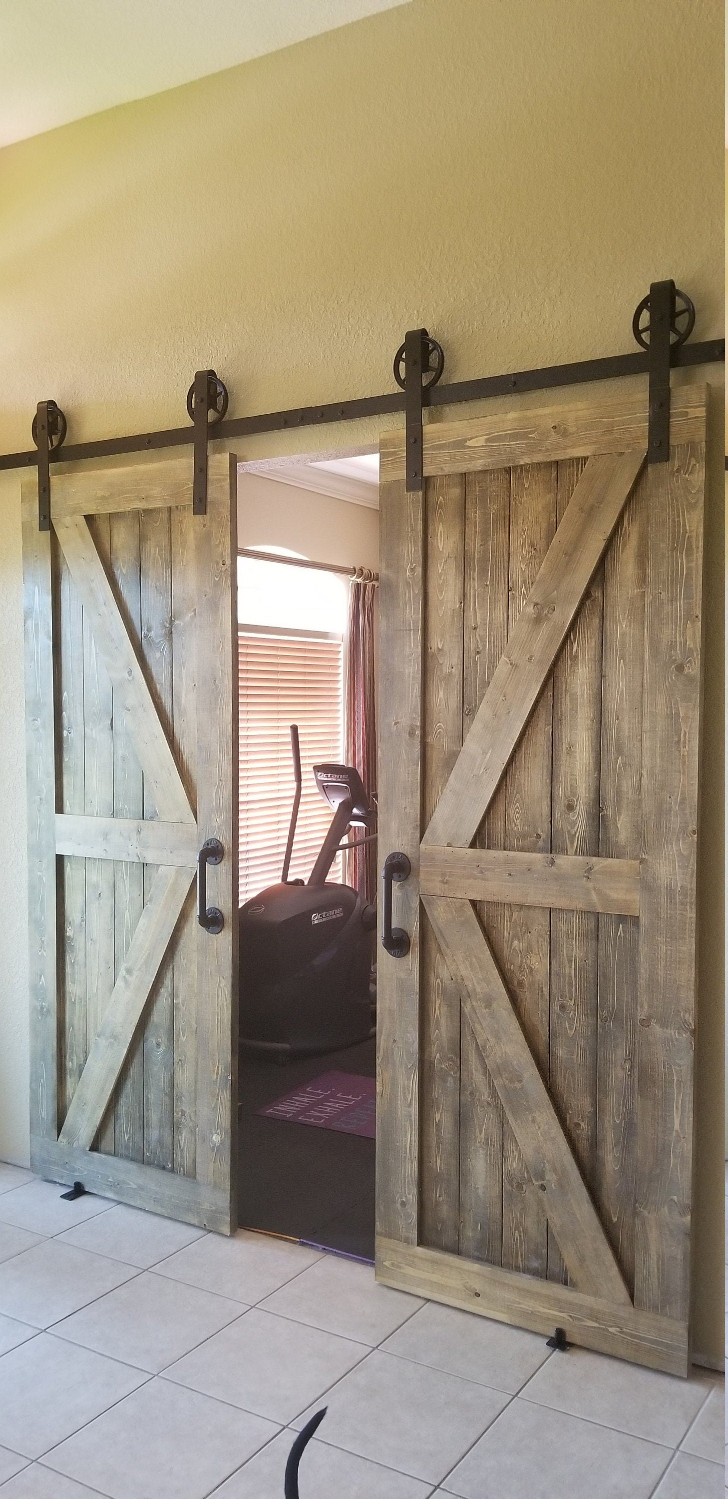 Custom British Brace Sliding Barn Door, Weathered Wood Finish