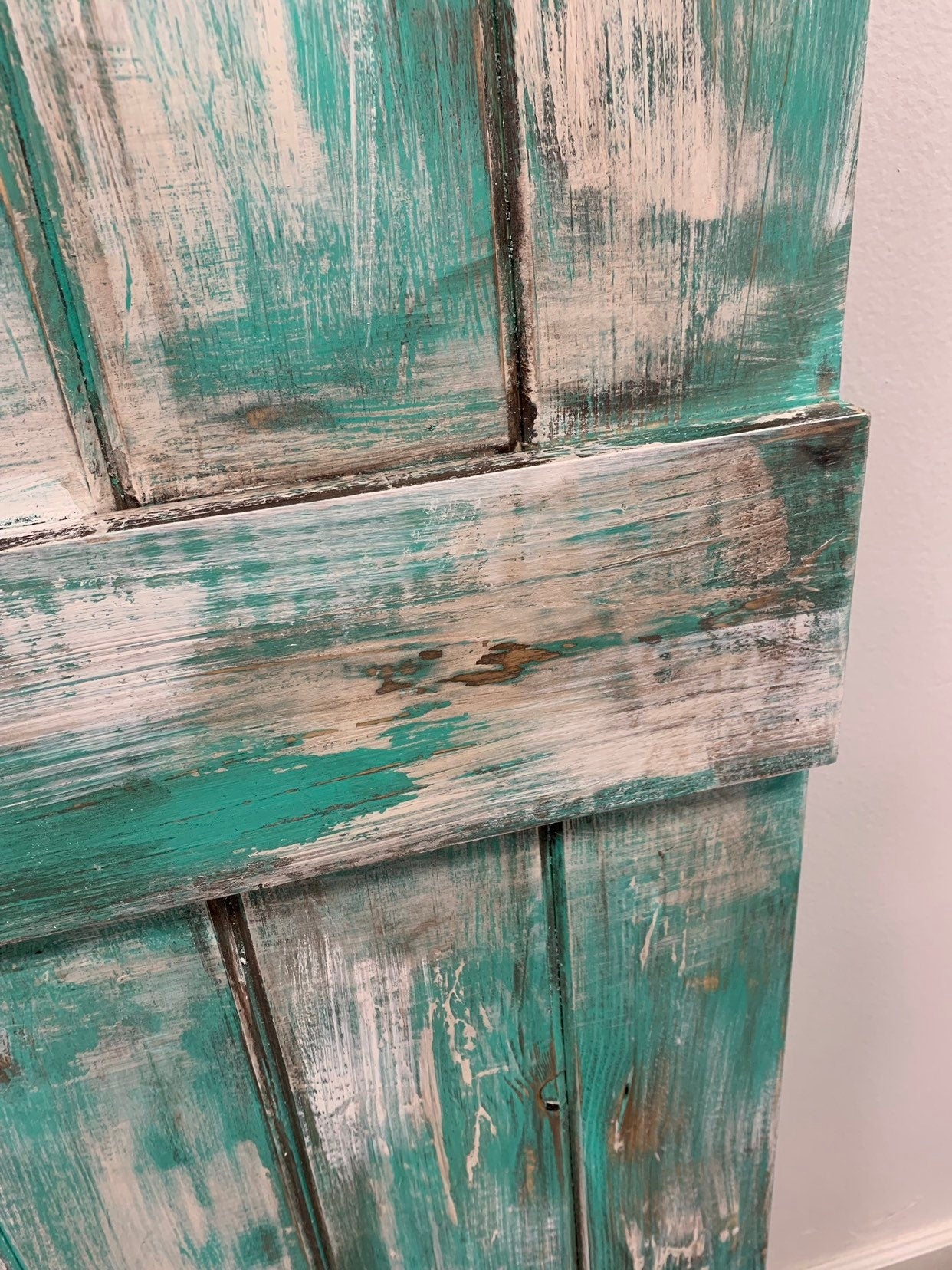 Chippy Teal and White Custom Barn Door, Shabby Chic Sliding Door