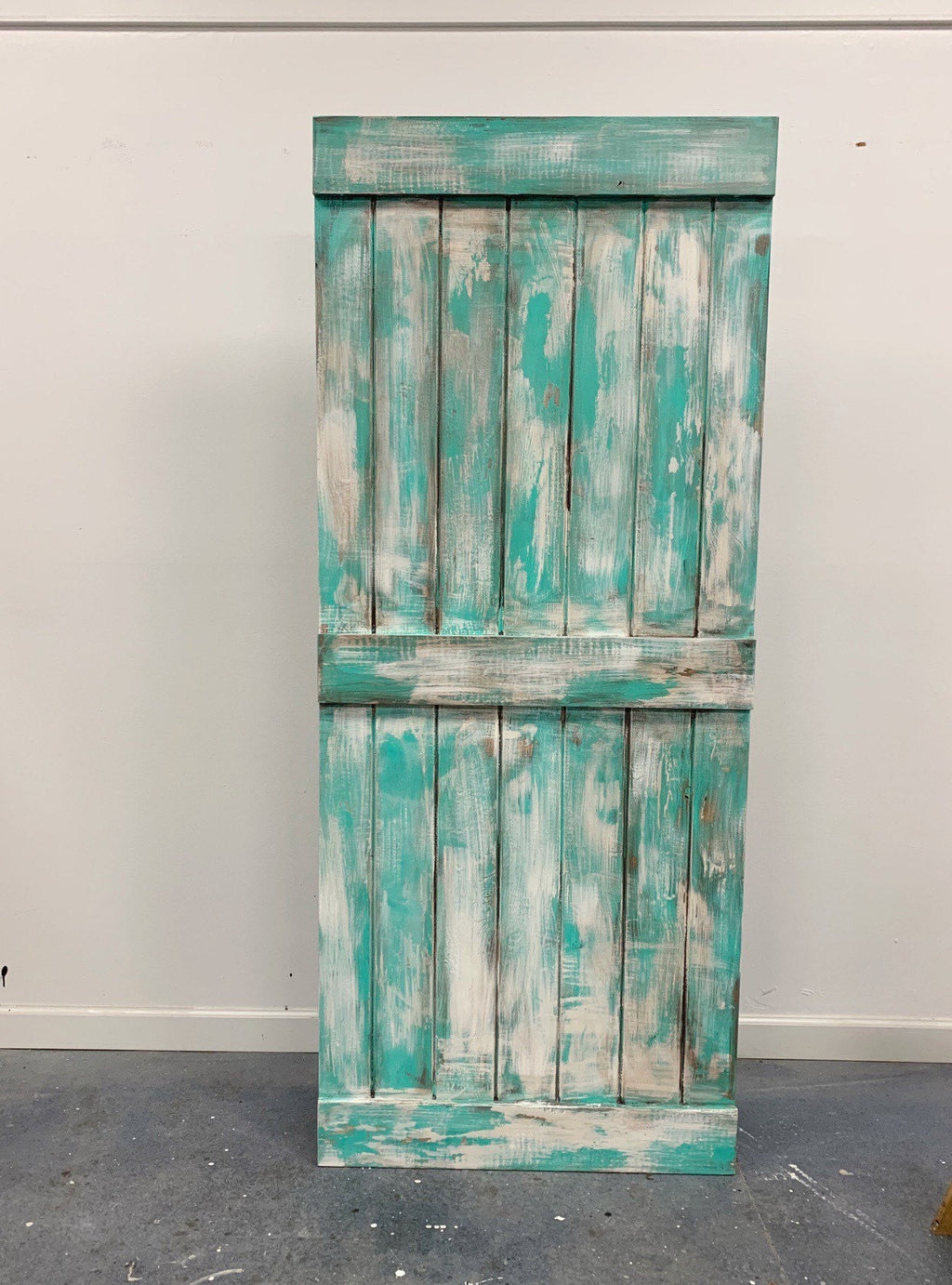 Chippy Teal and White Custom Barn Door, Shabby Chic Sliding Door