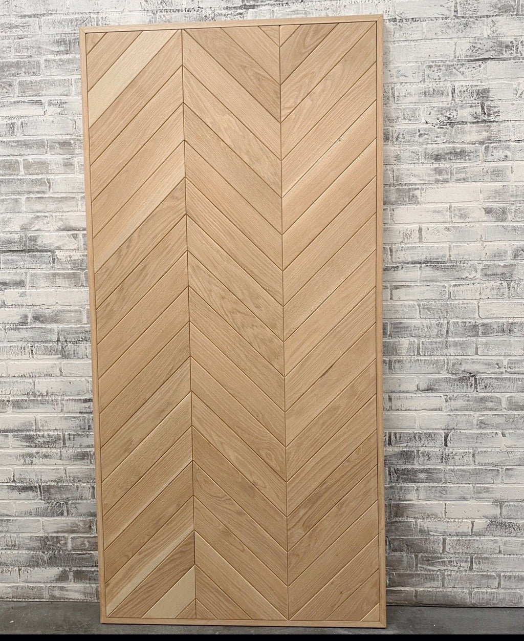 Custom White Oak Chevron Barn Door, Interior Herringbone Design
