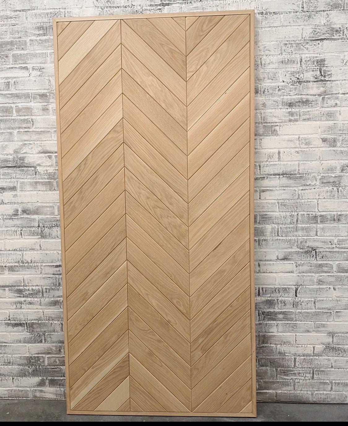 Custom White Oak Chevron Barn Door, Interior Herringbone Design