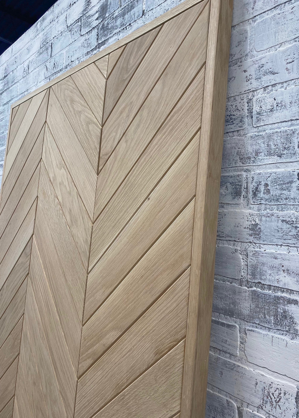Custom White Oak Chevron Barn Door, Interior Herringbone Design