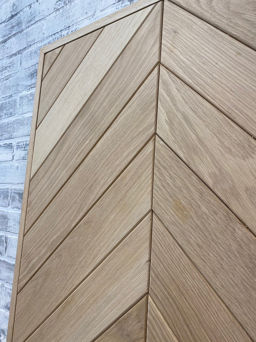 Custom White Oak Chevron Barn Door, Interior Herringbone Design