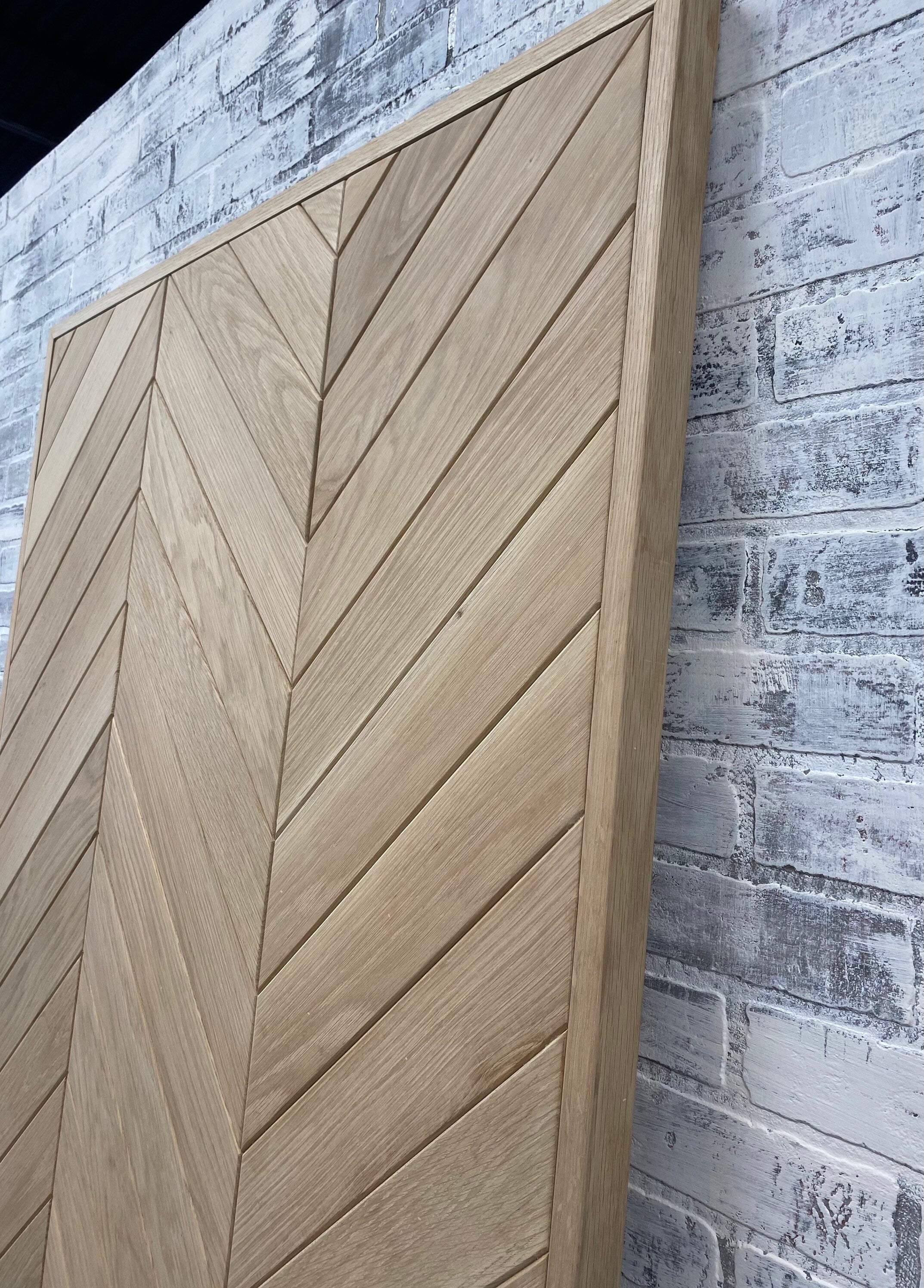 Custom White Oak Chevron Barn Door, Interior Herringbone Design