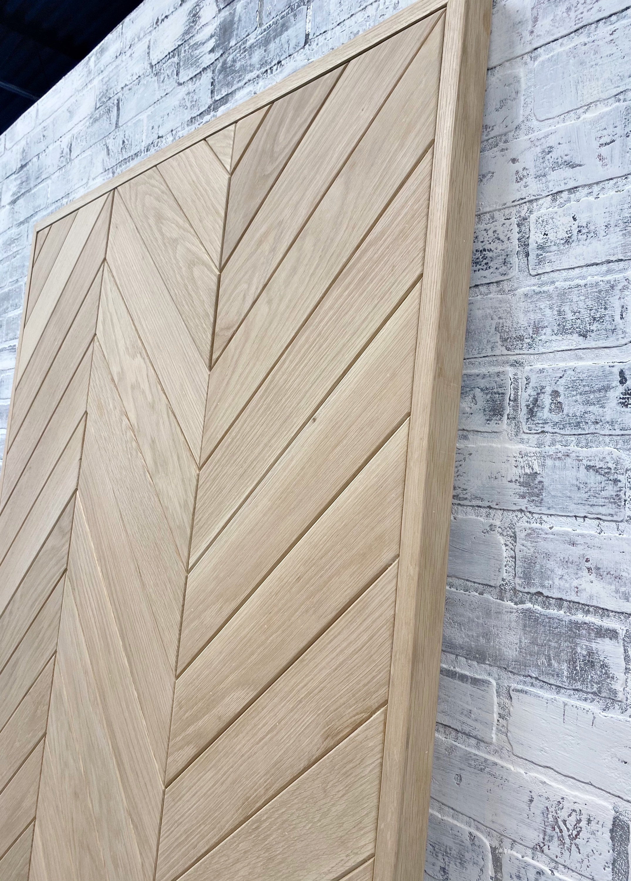 Custom White Oak Chevron Barn Door, Interior Herringbone Design