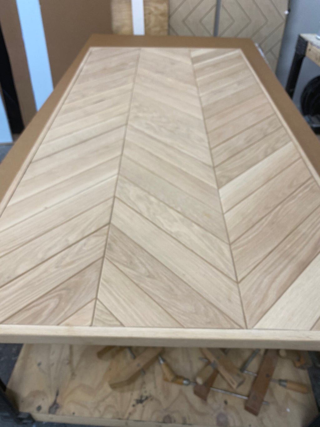 Custom White Oak Chevron Barn Door, Interior Herringbone Design