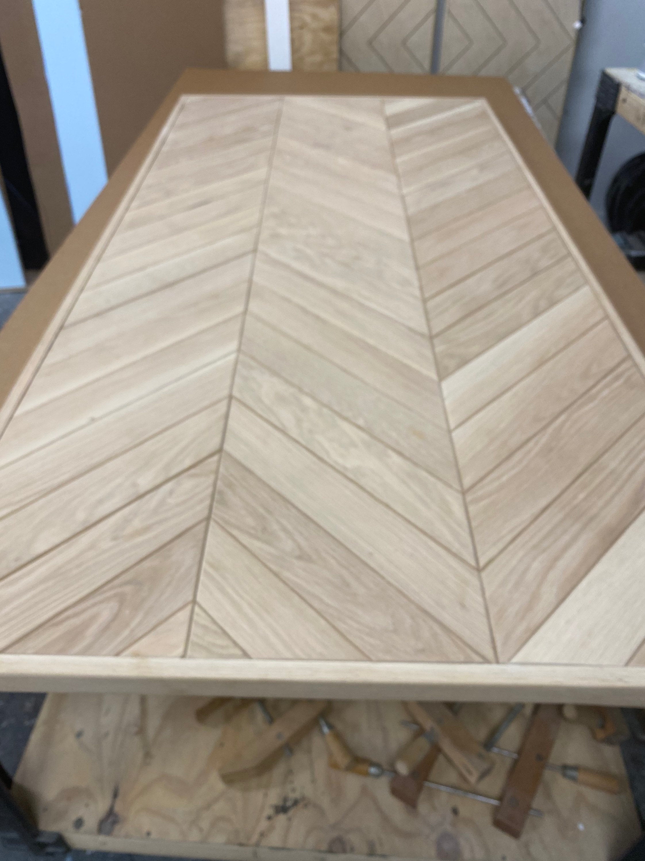 Custom White Oak Chevron Barn Door, Interior Herringbone Design