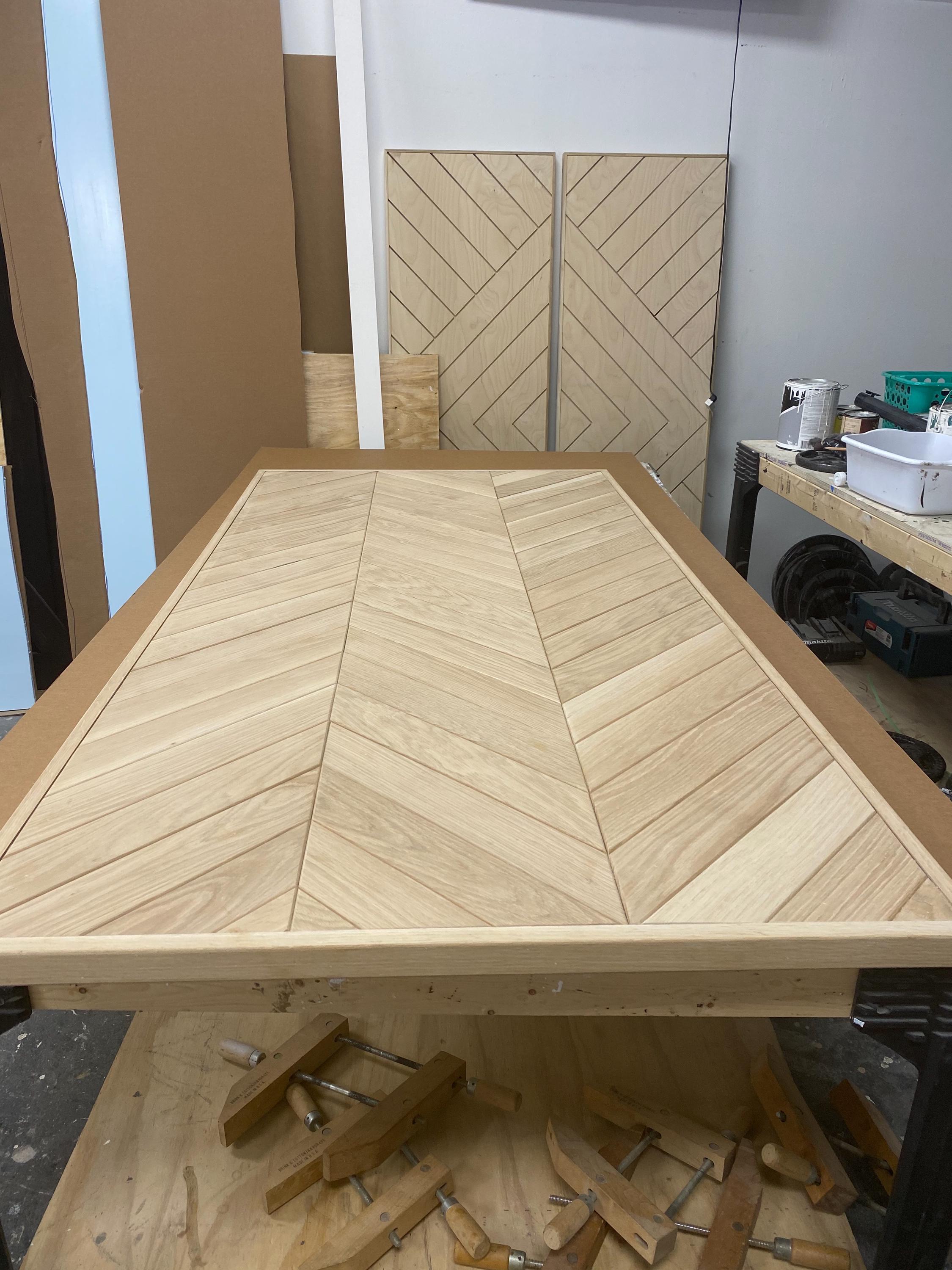 Custom White Oak Chevron Barn Door, Interior Herringbone Design