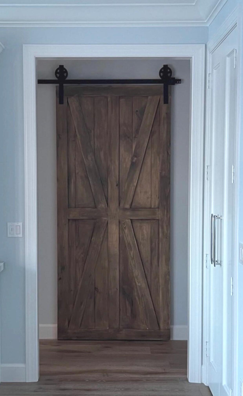 Custom British Brace Sliding Barn Door, Weathered Wood Finish