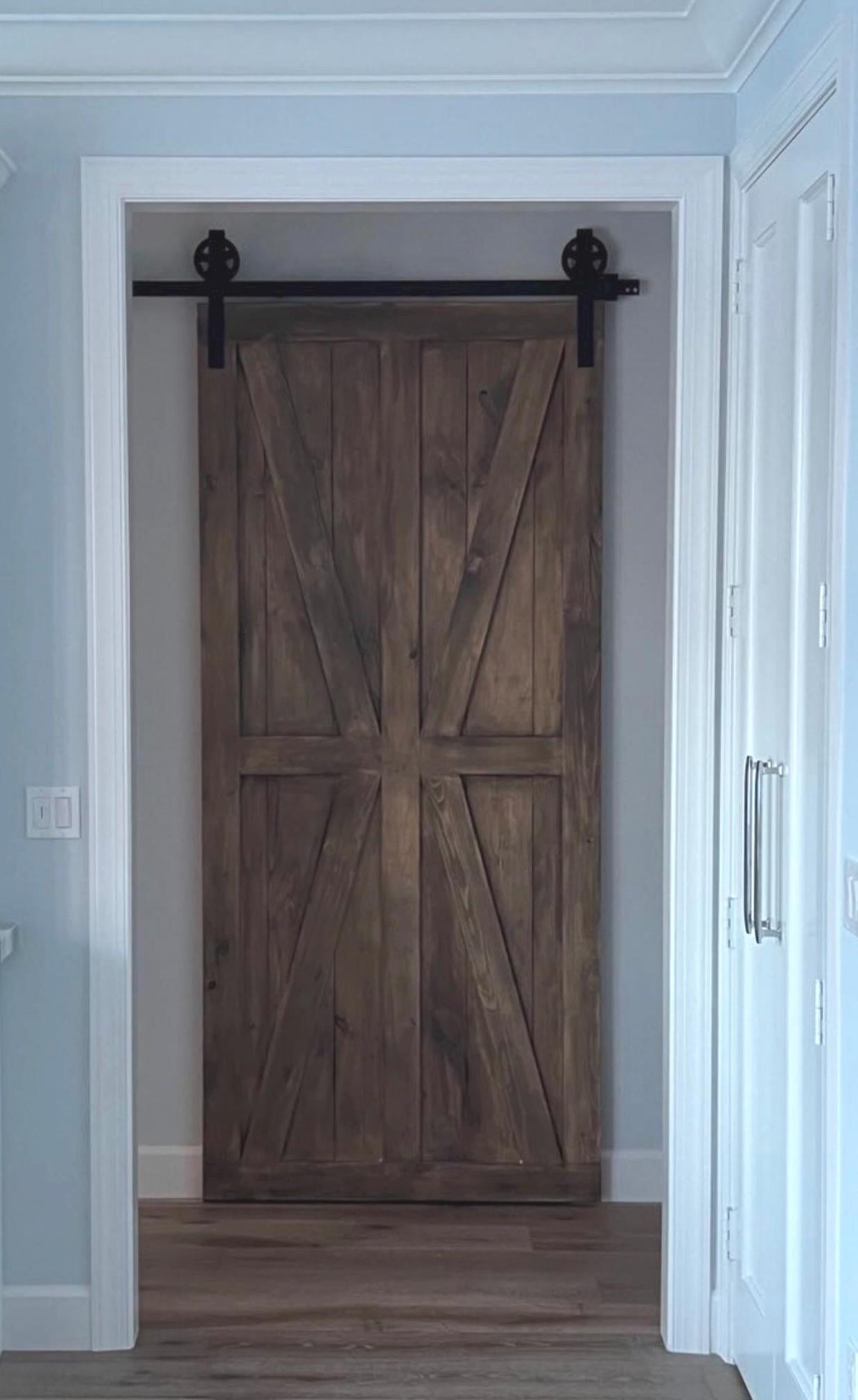Custom British Brace Sliding Barn Door, Weathered Wood Finish