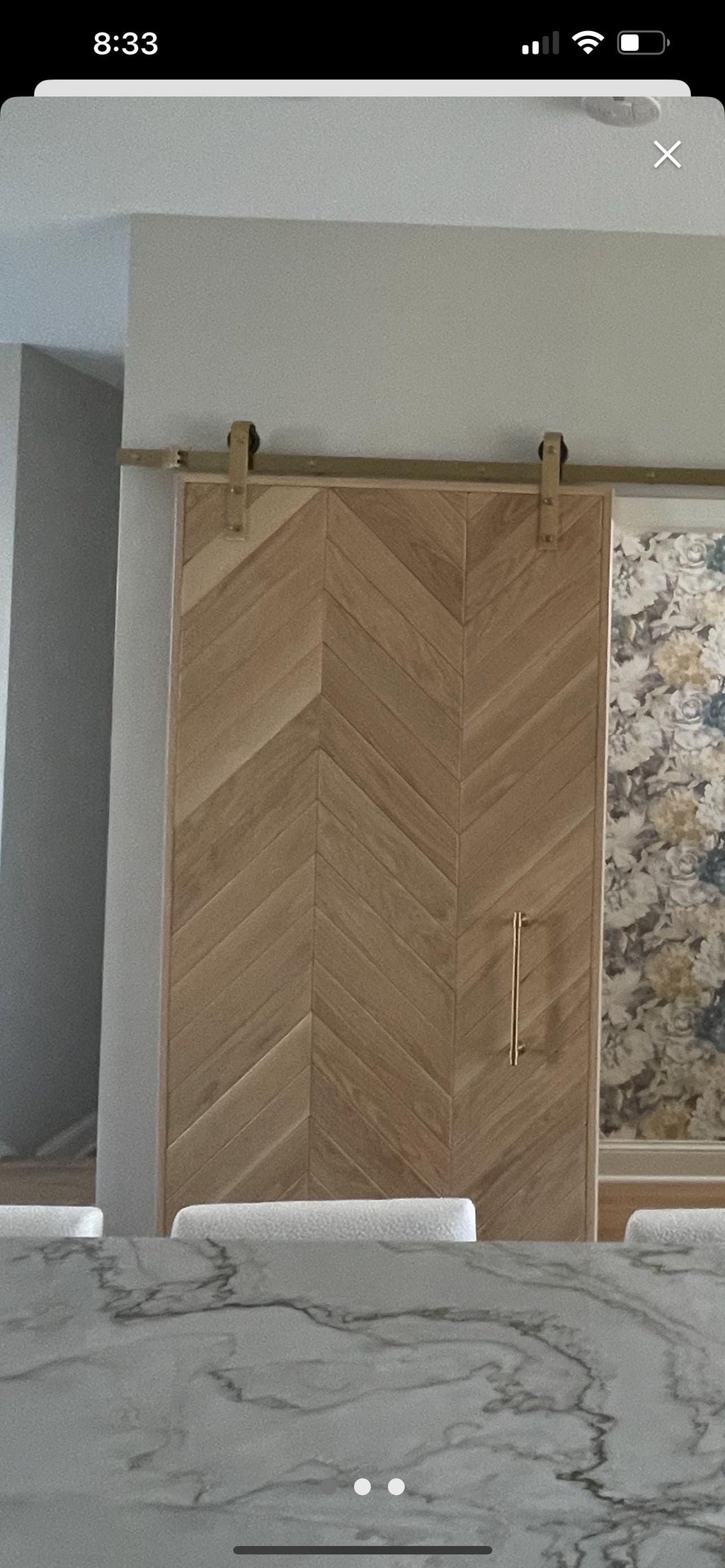 Custom White Oak Chevron Barn Door, Interior Herringbone Design