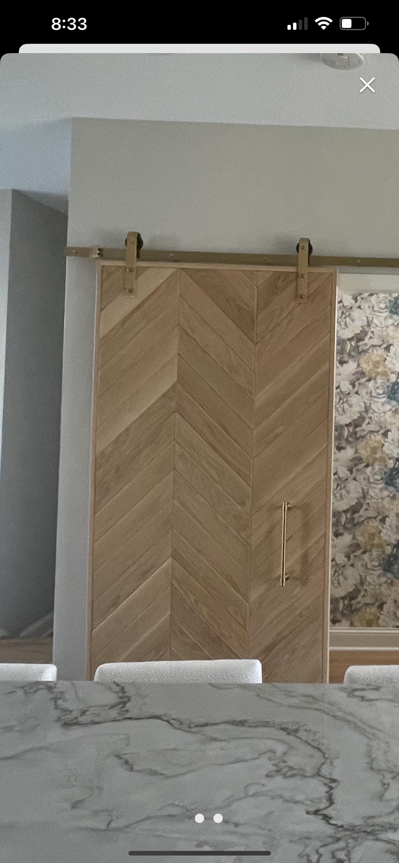 Custom White Oak Chevron Barn Door, Interior Herringbone Design