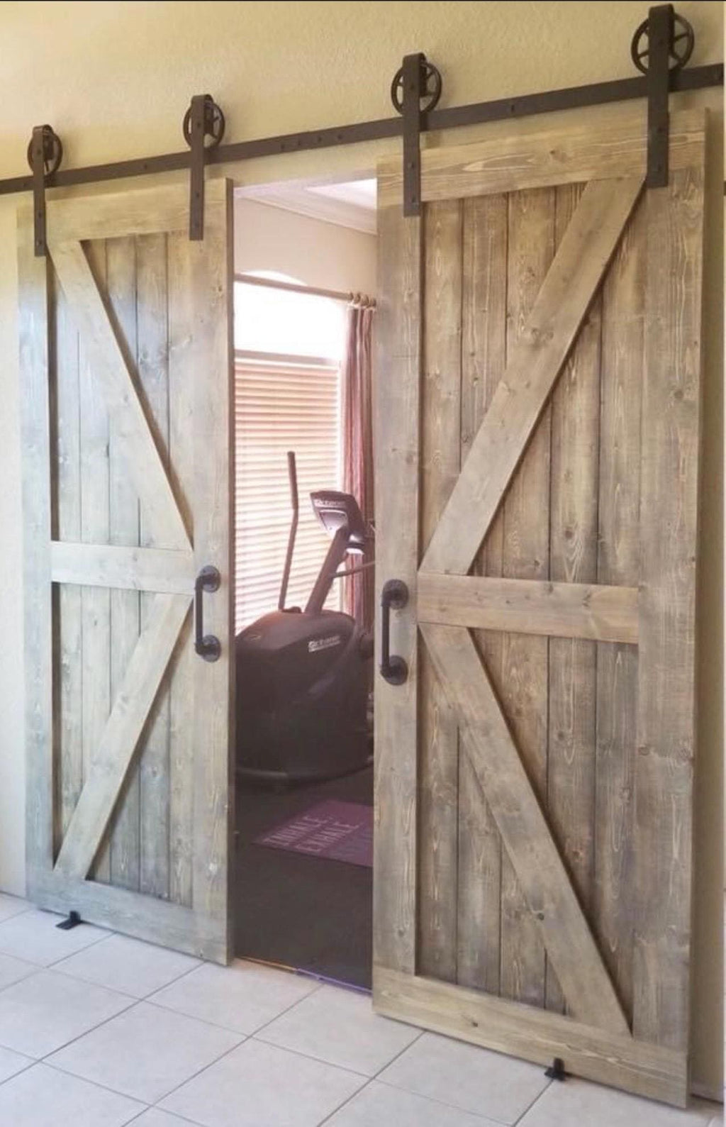 Custom British Brace Sliding Barn Door, Weathered Wood Finish