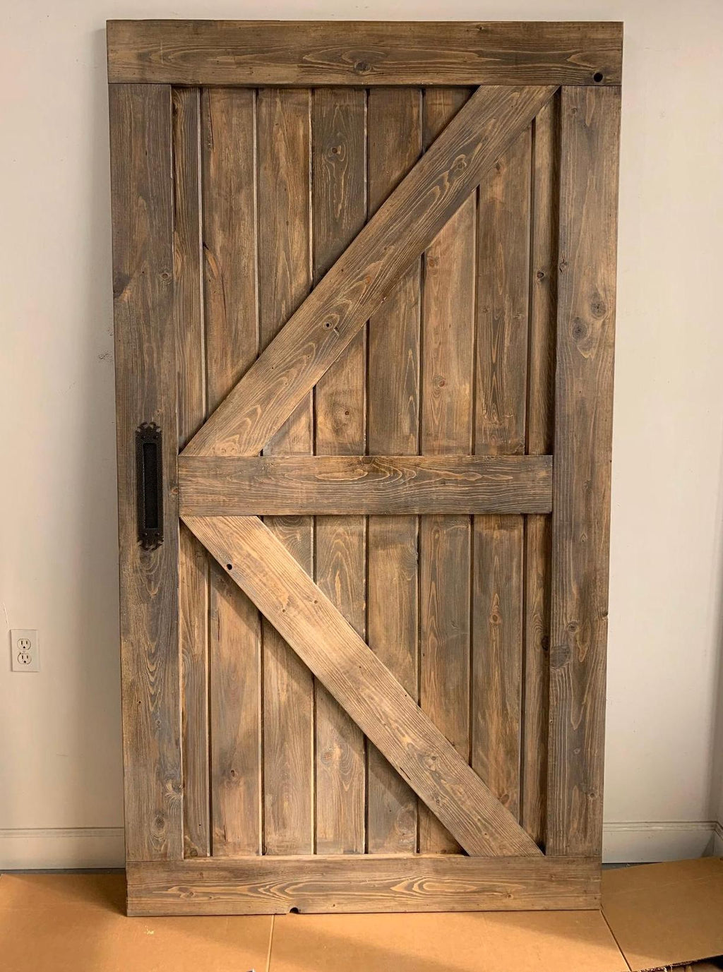 Custom British Brace Sliding Barn Door, Weathered Wood Finish