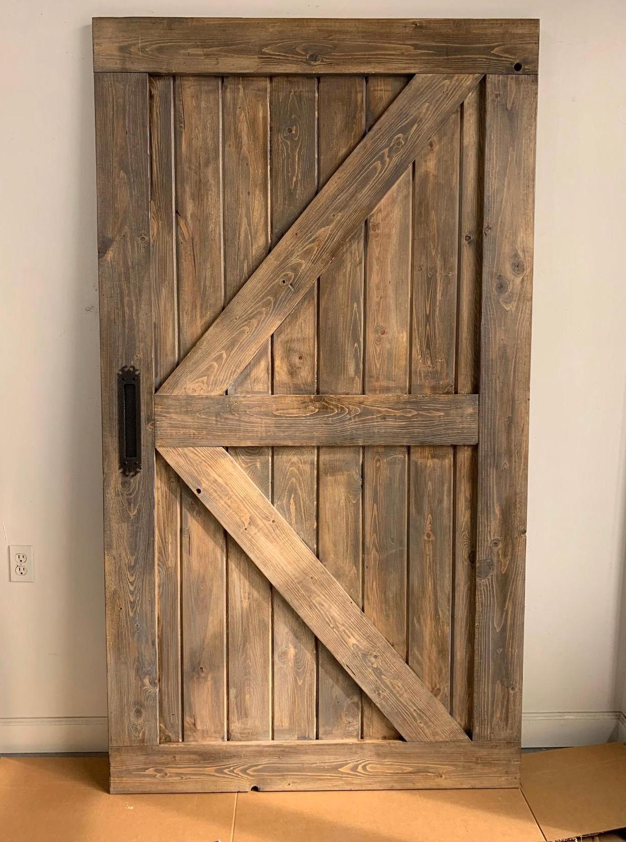 Custom British Brace Sliding Barn Door, Weathered Wood Finish