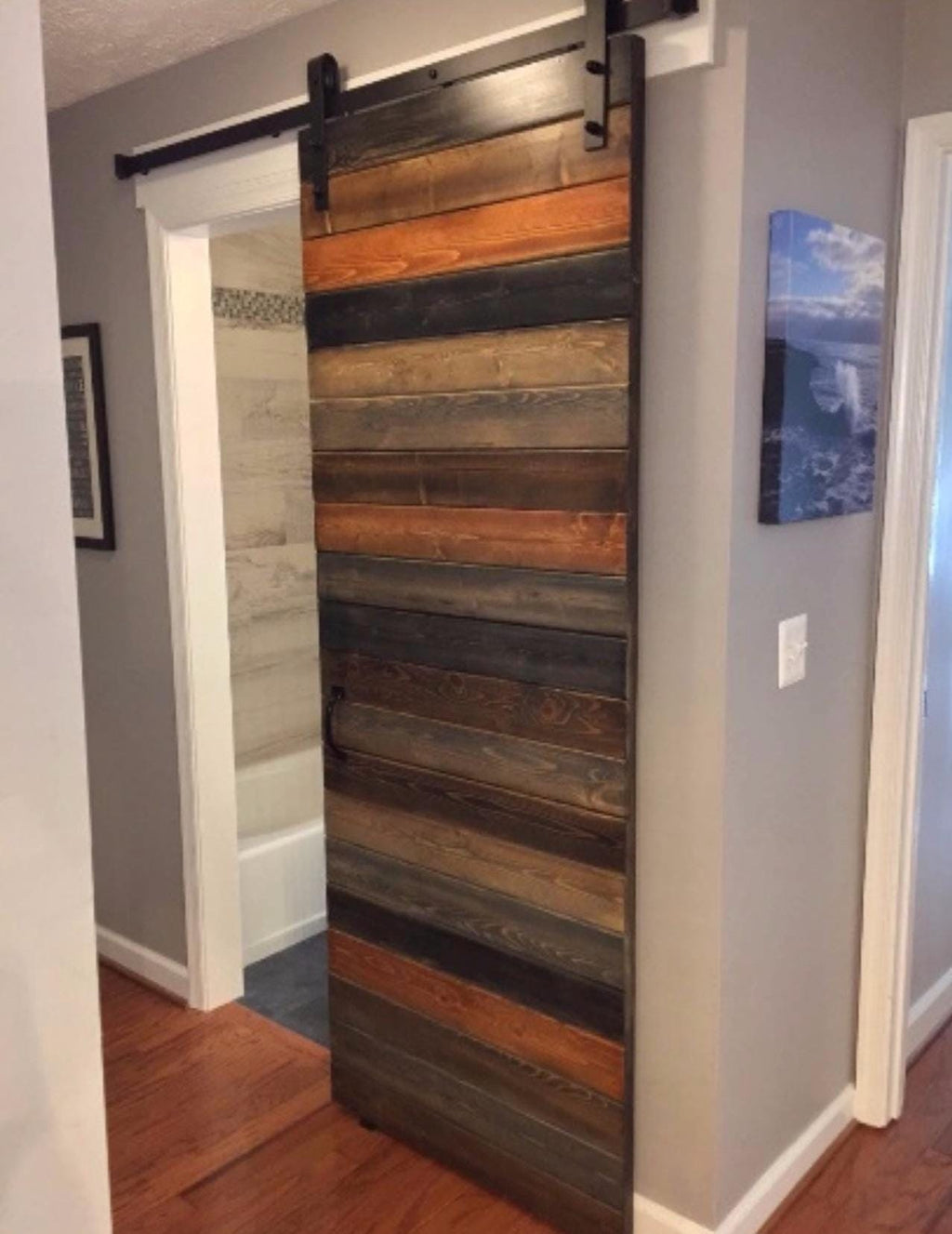 Custom Horizontal Plank Sliding Barn Door, Multi-Stained