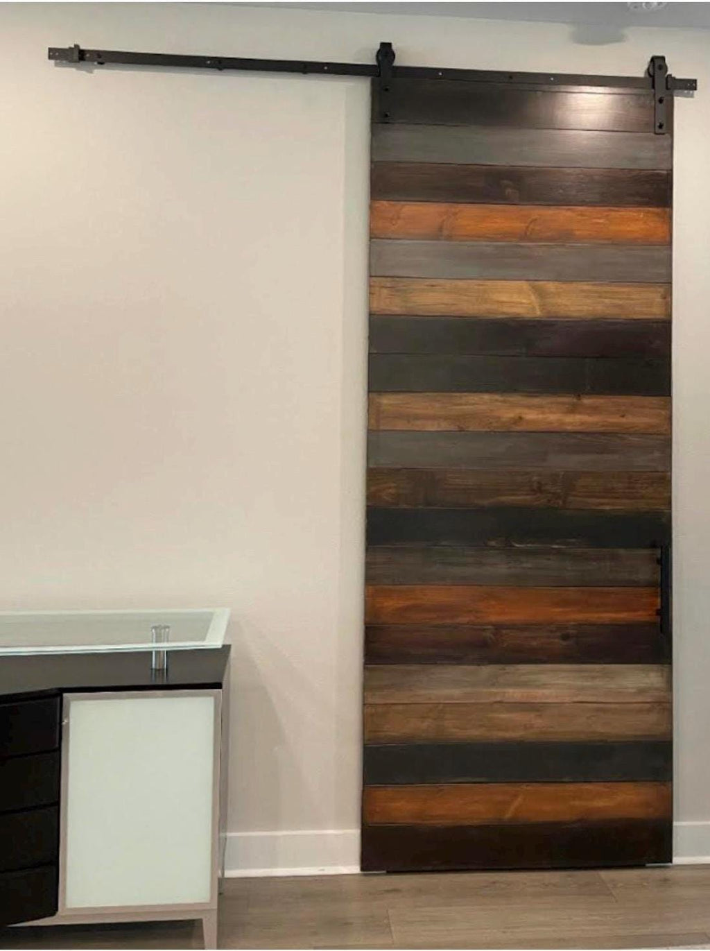 Custom Horizontal Plank Sliding Barn Door, Multi-Stained