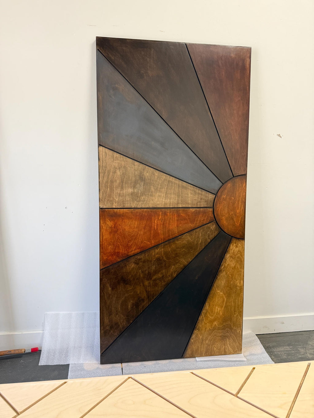 Sunburst Barn Door, Multi-Stain Wood Statement Piece