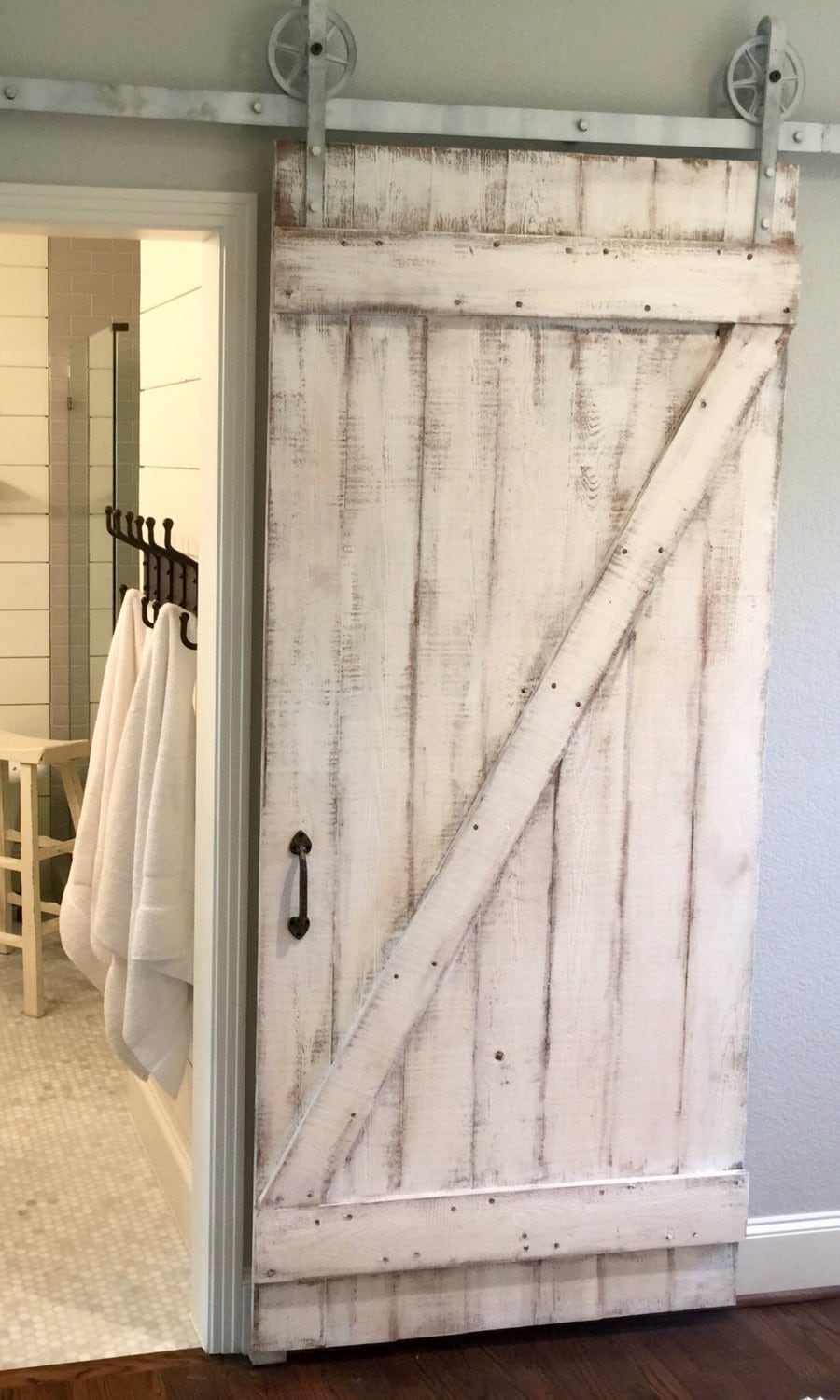 Shabby Chic Z-Design Sliding Barn Door, White Distressed Wood